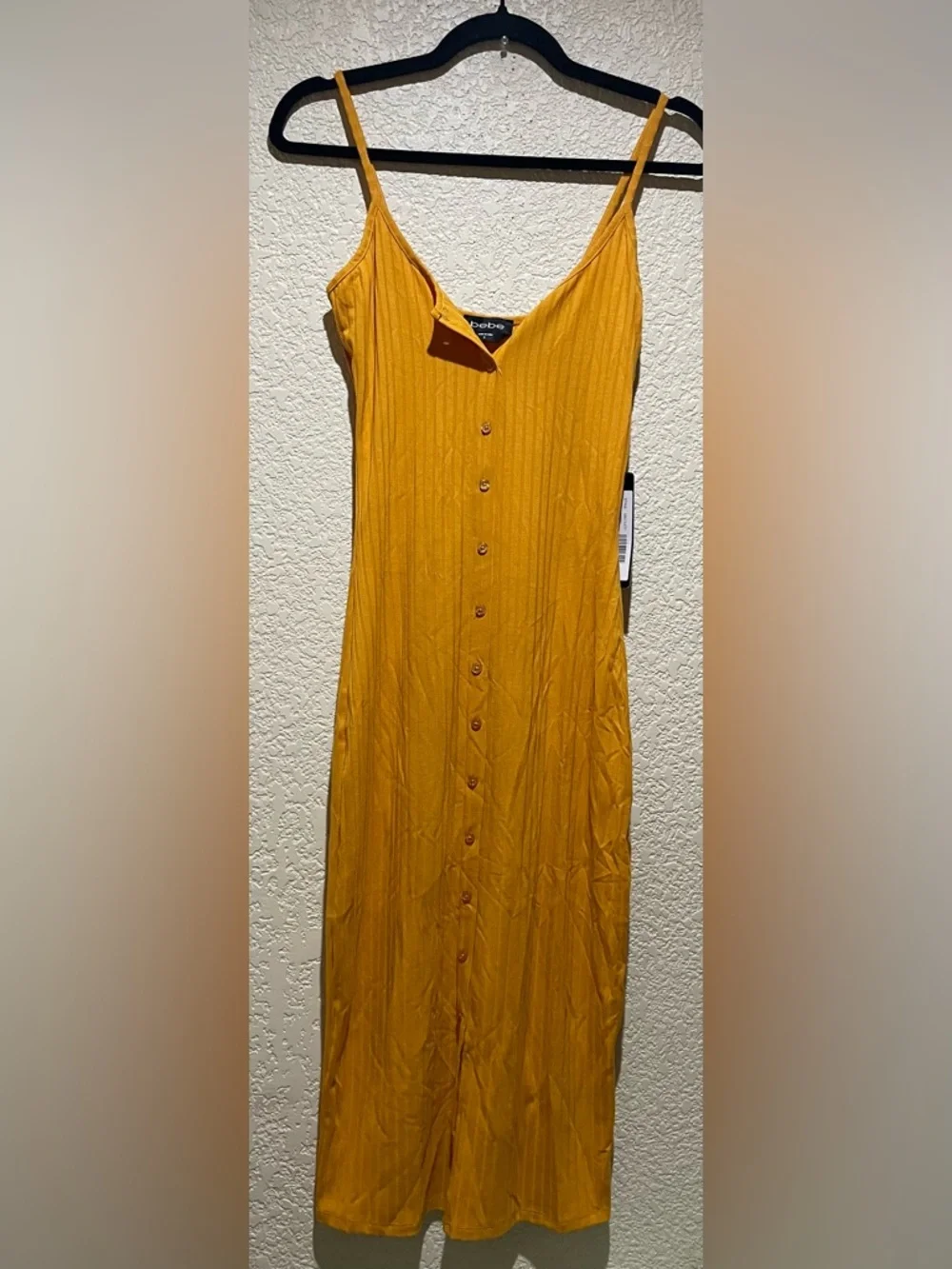 BEBE NWT Rib Knit Sleeveless Button-Front Yellow Bodycon Midi Dress Size S